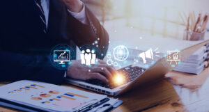 hand shows the sign and icon of digital marketing internet adver