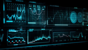 pulsating blue wave pattern analyzing human heart frequency on computer monitor generated by ai